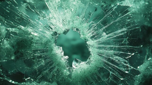 Shattered glass hole with cracks radiating, teal hue, abstract macro close-up
