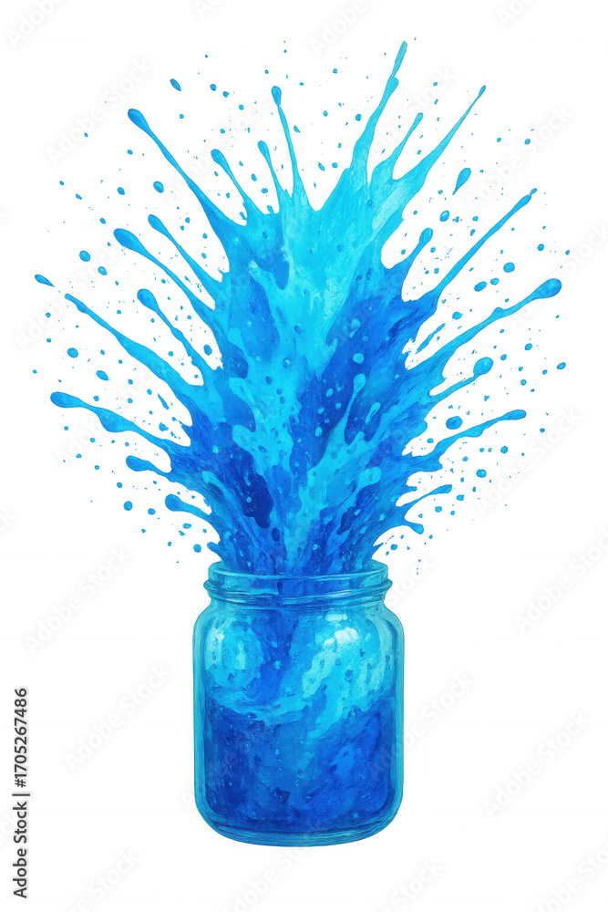 Aufkleber vibrant blue paint exploding from a glass jar, creating a dynamic splash against a transparent backg