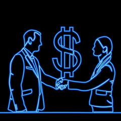 Man and woman shaking hands with dollar symbol in background icon neon glow vector illustration concept