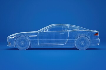 Futuristic car wireframe design displayed against a blue background in augmented reality concept illustration