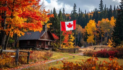 Rustic cabin with Canadian flag in autumn forest — wilderness pride, seasonal warmth, national retreat.