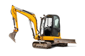 A compact excavator with a yellow exterior and cab is positioned on a white background, showcasing its suitability for rent in construction and landscaping.