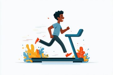 Happy Man Running on Treadmill, Fitness Illustration
