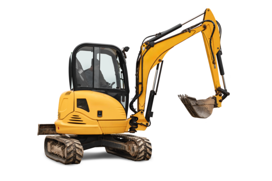 Compact excavator, isolated on background, shows its versatile capabilities and equipped with excavator boom, ready for various construction tasks and rentals.