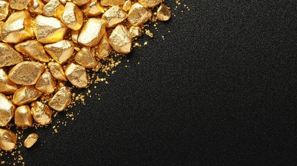 A close-up view of glittering gold nuggets scattered on a textured black surface, symbolizing wealth and luxury.