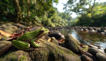 Green frog by a stream in a lush forest