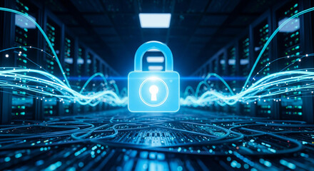 Futuristic 3D Render of a Glowing Digital Padlock Symbolizing Cybersecurity and Data Protection