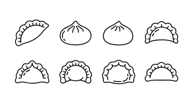 Collection of various dumplings and buns in a clean line art silhouette style