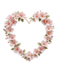 Delicate Pink Flower Heart Wreath with Green Leaves – Romantic Floral Design, Valentine’s Day Decor, High-Resolution Digital Art, Transparent PNG Overlay 
 