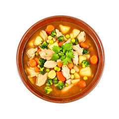 A hearty bowl of homemade chicken and vegetable stew, a vibrant composition of fresh potatoes, carrots, peas, and broccoli, isolated on a white background