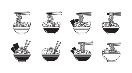 Collection of eight stylized ramen noodle bowls with chopsticks silhouette