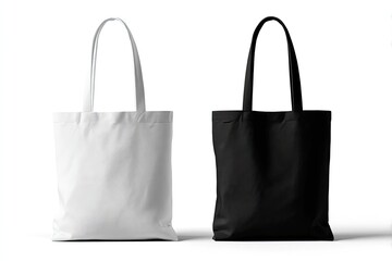 Two tote bags, one white, one black, shown against a bright white background.  Simple design, sturdy fabric