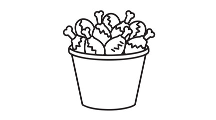 A simple black and white line drawing of a bucket overflowing with fried chicken legs silhouette © Tanvir