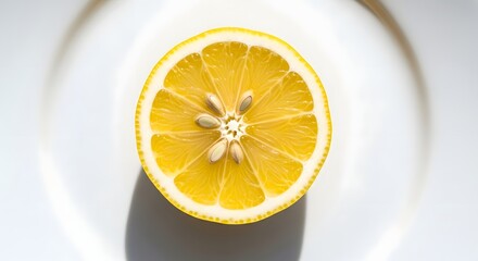 Minimalist top down view of a fresh lemon half with seeds arranged in a flower shape on a white plate.