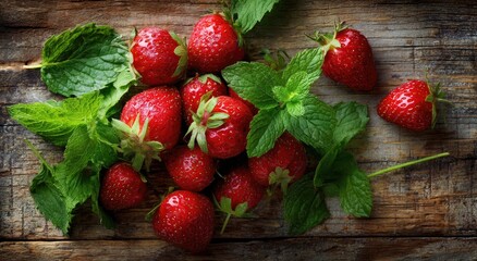 Fresh strawberries and mint on a rustic wooden table