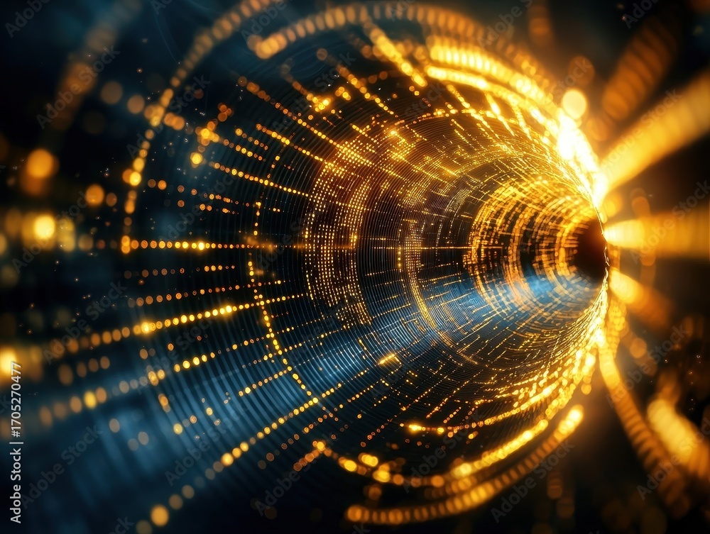 Poster a dynamic visual representation of swirling golden lights, creating an illusion of motion and depth,