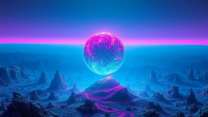 Glowing orb above alien landscape with pink horizon