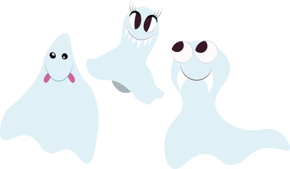 Three cute cartoon ghosts in light blue, with unique, whimsical faces and various smiles and fangs. Perfect for spooky season projects or stickers, children designs.
