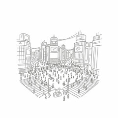 Obraz premium Line drawing of Shibuya Crossing, Tokyo, showing crowds of people crossing the street amidst tall buildings with screens.