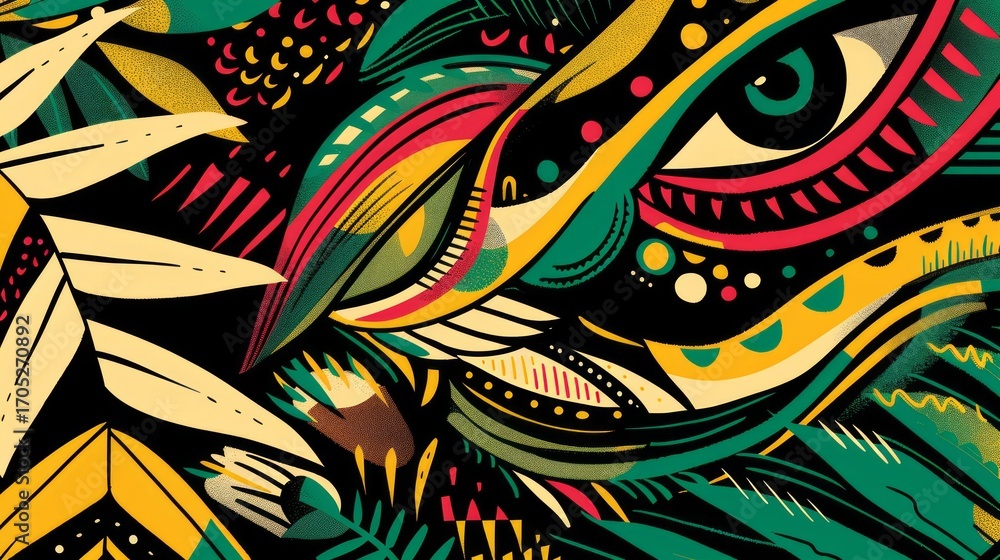 Poster the image showcases an abstract, psychedelic design with intricate patterns and bold shapes