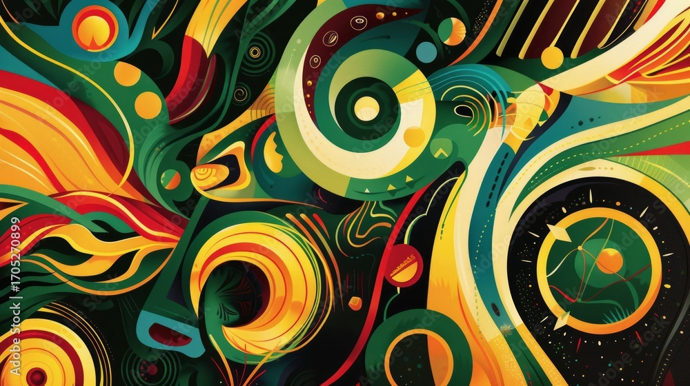 Poster the image showcases an abstract, psychedelic design with intricate patterns and bold shapes