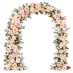 Exquisite floral arch with an abundance of pastel pink and peach roses with green leaves, for a romantic wedding ceremony, isolated on a white background
