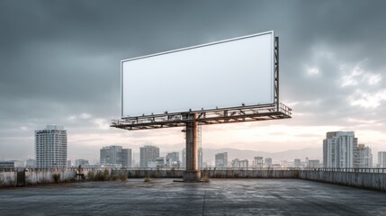 Obraz premium Elevated billboard mockup on rooftop of a building with urban skyline in the background