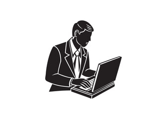 Professional Businessman Working at Desk, Simple Black Silhouette Icon, Modern Minimalist Style.