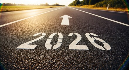 Road stretching to horizon with "2026" painted; sunlight