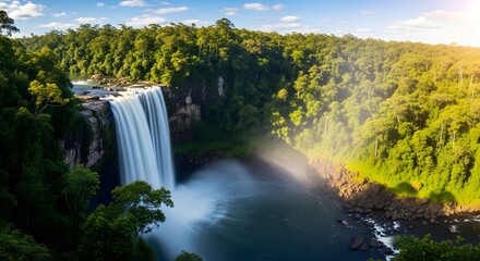 Majestic Waterfall Cascading Through Lush Rainforest.
