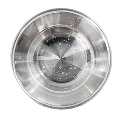 Abstract top-down view of a shiny stainless steel container with fresh water droplets, showing a circular brushed metal texture on a clean white background