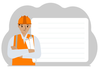 Engineer near the construction crane. Builder holding blueprints near construction machinery.