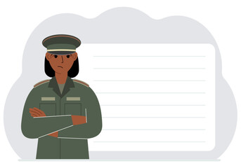 The profession of a soldier. A woman in military uniform. Army and military concept. Vector