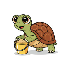 A happy cartoon turtle stands upright, smiling with wide eyes while holding a yellow bucket full of sand, radiating playful energy in a sunny beach vibe.