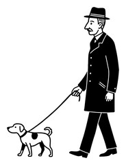 Vintage Gentleman Walking a Dog on Leash Cartoon Style Black and White Outline Line Art Drawing