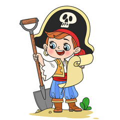 Cute cartoon boy in pirate costume holds a shovel and parchment in hand, presumably with a treasure map isolated on white background