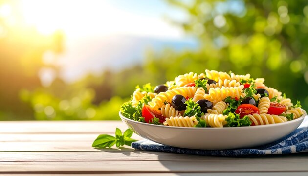 Pasta salad on a plate, outdoors