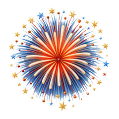  colorful firework burst with red white blue streaks and golden stars festive celebration explosion radial pattern holiday sparkle transparent background