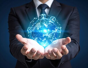 Businessman Holding Glowing Digital Globe Representing Global Network and AI Ethics