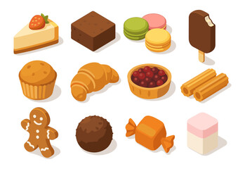 Isometric sweet treats assortment with cakes, cookies, and candies