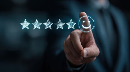 Businessman's finger touches a glowing smiley face and stars, representing positive feedback