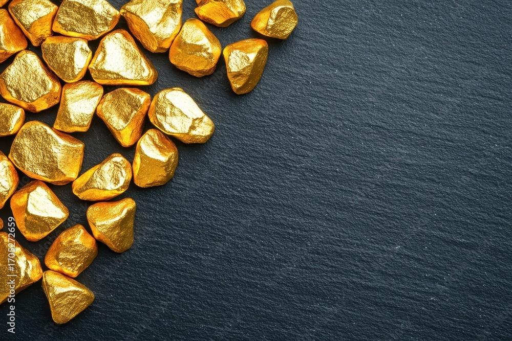 Poster a collection of shiny golden nuggets scattered on a dark slate surface, creating a striking visual c