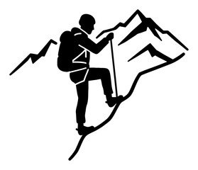 Mountain Climber Simple Logo Black and White Outline Line Art Drawing Adventure Concept Summit