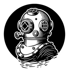 Retro Deep Sea Dive Helmet Simple Logo Black and White Outline Line Art Drawing in Vintage Engraving Style Isolated Object