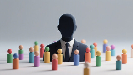 Black Silhouette Figure Surrounded by Colorful Small Figures on Light Gray Background - Symbolizing Individuality and Community in Modern Minimalist Style