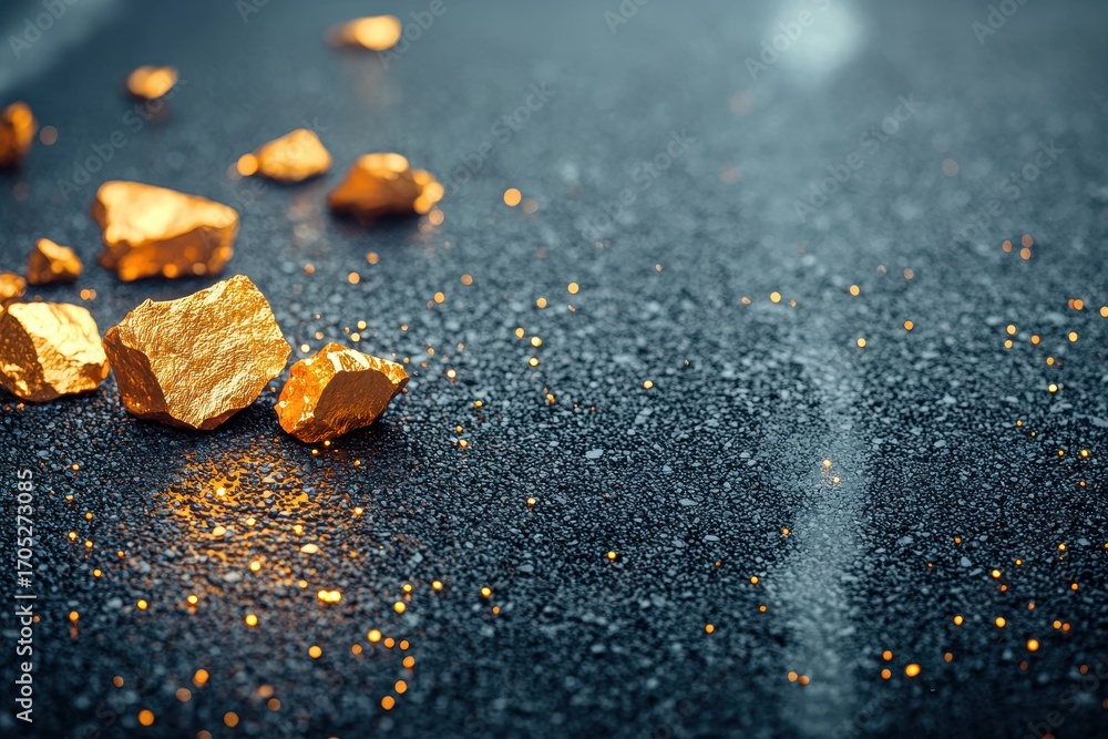 Poster A close-up view of shiny gold rocks scattered on a textured surface, glimmering under light, creating an intriguing visual contrast.