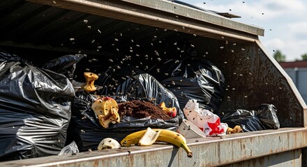 A cluttered dumpster overflowing with black garbage bags and discarded food.