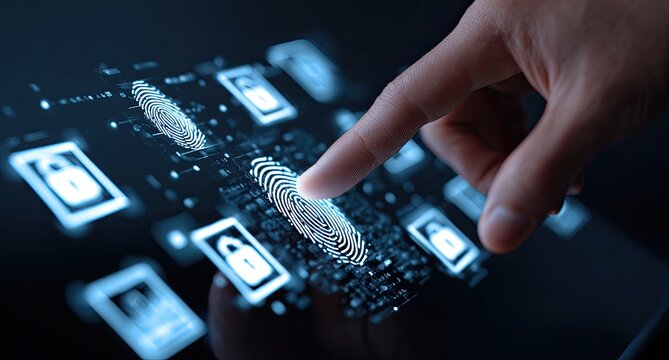 Fingerprints scanning on a tablet.  Hand over a digital display with fingerprint recognition and security icons