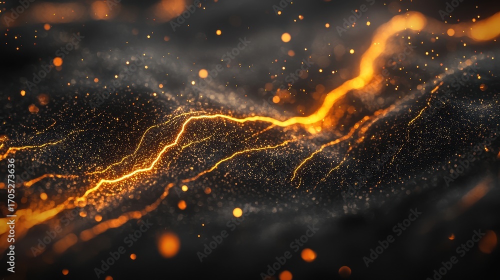 Poster a dynamic abstract image featuring sparkling particles and glowing lines on a dark background, evoki