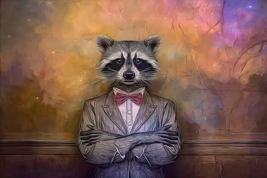 Raccoon in a suit. Multicolored bright background. Space for text